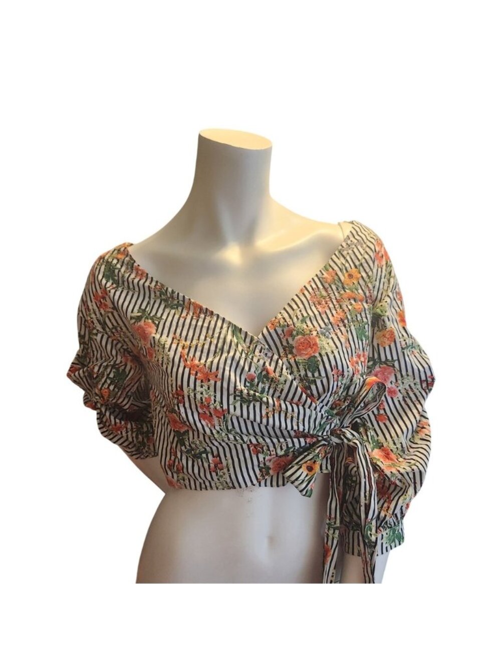 DO+BE Floral Striped Wrap Crop Top Puff Sleeve Cotton V-Neck Small